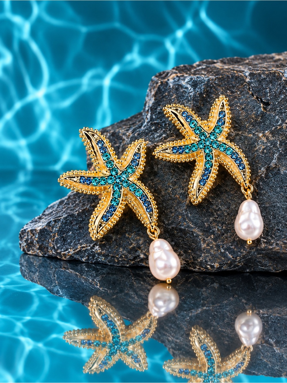 Turquoise Starfish Pearl Drop Earrings Gold Tone Coastal Statement Jewelry